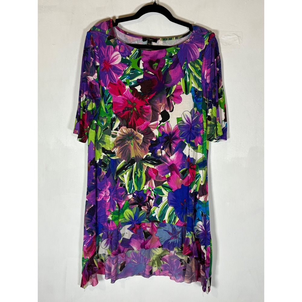 Cupio Large Colorful‎ Bold Floral High Low Mesh Hem Tunic Top Dopamine Dressing
